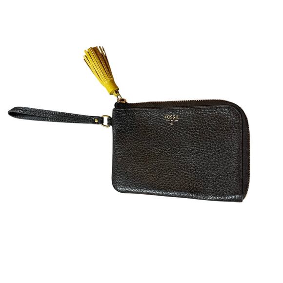 Fossil Black Leather Tara Wristlet with Yellow Tassel Wallet - Picture 4 of 5